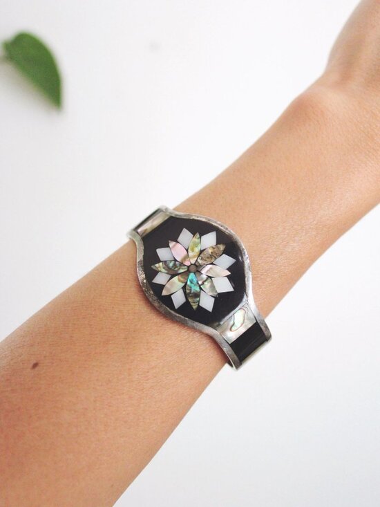 Unknown Jewelry - Vintage Alpaca Silver Abalone Mother-Of-Pearl Inlay Cuff Bracelet Enamel Mexico